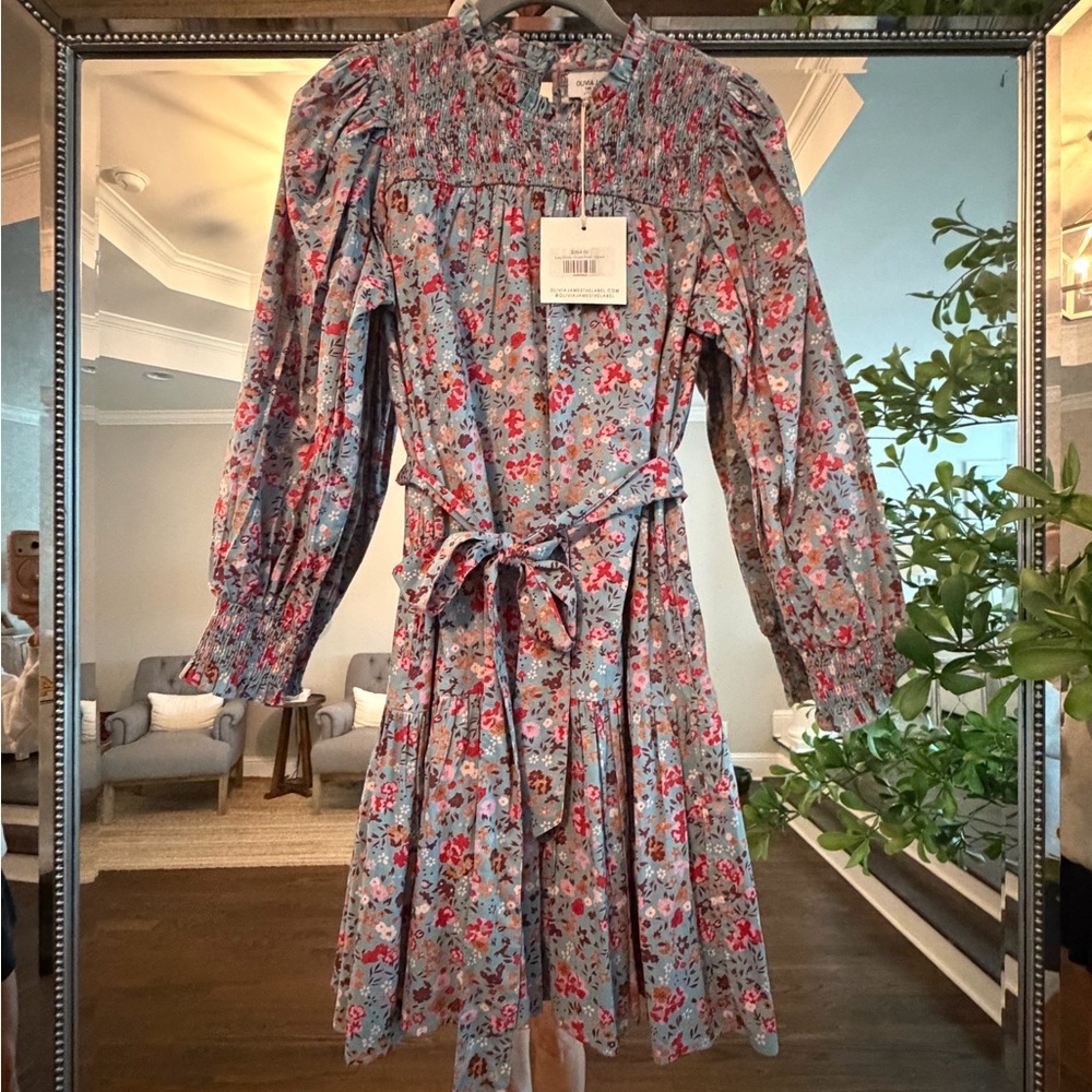 Smocked Yoke Long-Sleeve Floral Dress in Blue and Pink